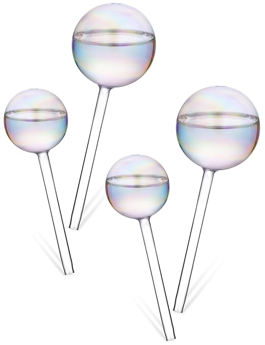 Tomorotec Iridescent Glass Self Watering Globes 4-Pack (2 Large+2 Small), Decorative Hand-Blown Rainbow Glass Watering Bulbs, Automatic Irrigation for Indoor & Outdoor Plants, Easy to Use and Maintain