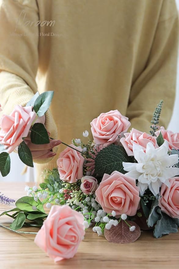 Floroom Artificial Flowers 50pcs Real Looking Peach Pink Foam Fake Roses with Stems for DIY Wedding Bouquets Bridal Shower Centerpieces Floral Arrangements Party Tables Home Decorations