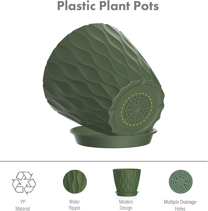 Meowell 6 inch Plant Pots, 5Pack Water Ripple Flower Pots for Indoor Outdoor Plants, Plastic Planters with Drainage Holes and Saucers, Nursery Pots for Small Succulent Garden House Plants, Multicolor