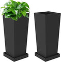 Metal Tall Planters 24 inch Set of 2, Durable Taper Planter with Drainage Holes & Rust-Proof Coating & Trays for Outdoor Indoor Garden Patio Front Door
