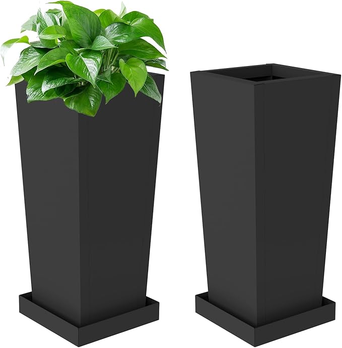 Metal Tall Planters 24 inch Set of 2, Durable Taper Planter with Drainage Holes & Rust-Proof Coating & Trays for Outdoor Indoor Garden Patio Front Door