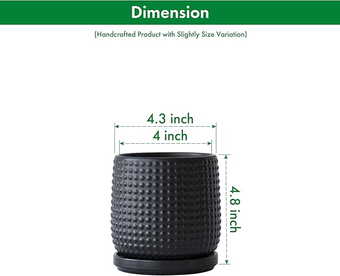 D'vine Dev 4 Inch Ceramic Beaded Stoneware Planter Pot - Flower Pot with Drainage Holes and Saucers for Indoor Succulent Plants or Flowers, Ebony Matte, 27-C-Z-6