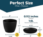 Black 6-Inch Plant Pots with Drainage & Saucers 3 Pack, Indoor & Outdoor Planters for Houseplants, Herbs, and Flowers, Durable & Weatherproof Material, Stackable, Lightweight, Minimalist Design