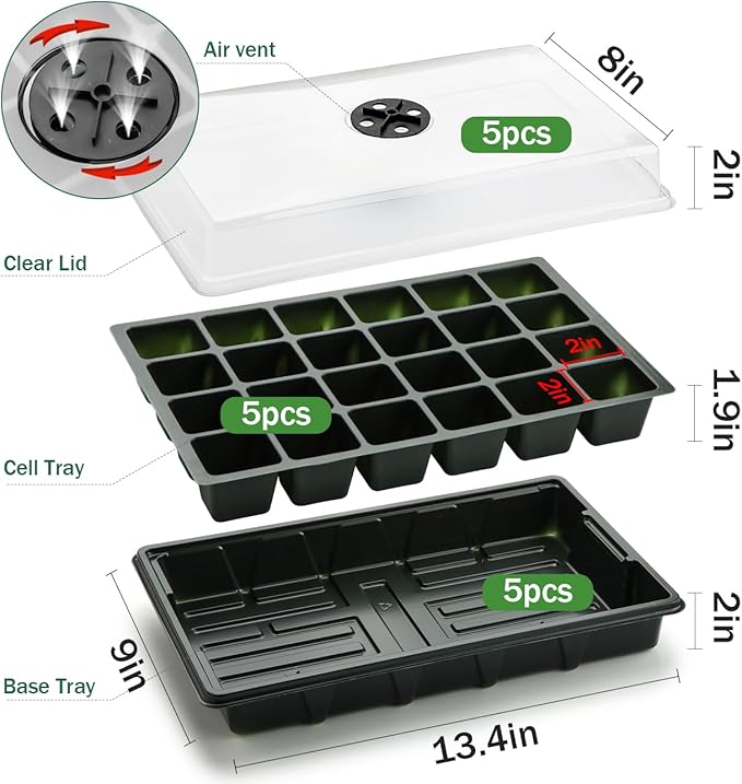 24XL Cell Seed Starter Tray with Dome, 5-Pack 2" Plug Seedling Trays (Total 120 Cells), Plant Germination Tray with Humidity Vented Lid and Base, Mini Propagator Plant Greenhouse for Seed Growing