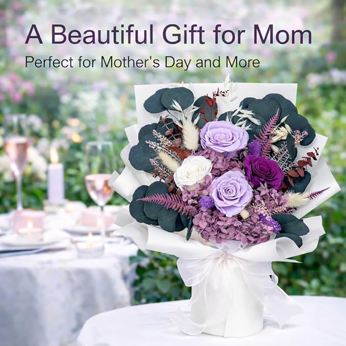 Bonsion Preserved Flowers for Delivery, Purple Rose Bouquet Gift for Women and Mom, Long Lasting Floral Arrangement for Birthday & Anniversary