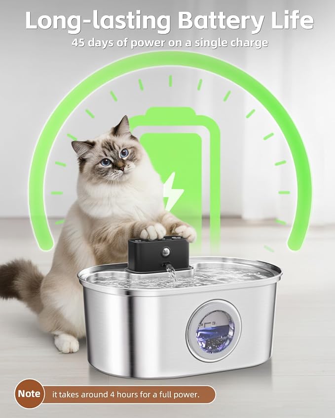 Wireless Cat Water Fountain Stainless Steel, Pet Drinking Fountain Cordless – 3.2L/108oz Battery Operated Automatic Water Dispenser for Cats Indoor, with Motion Sensor & Quiet Pump (1 Filter)