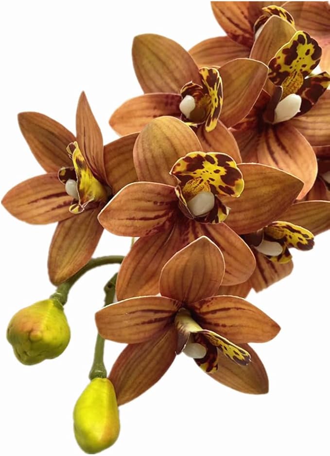 4pcs Artificial Cymbidium Orchid Flower Plant 3D Print Vanda 10 Heads Latex Phalaenopsis Flower (Coffee)
