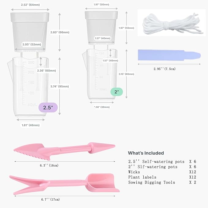 12 Pack 2.5"/2" Mini Clear Self Watering Pots for Indoor Plants with 2 pcs Transplanting Tool, Small Plastic Propagation Pots for Plants, Water Level Indicator,Drainage Hole,12 Plant Labels
