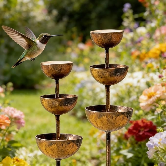 Rain Catcher - Plant Support, Rust Patina Metal Rain Catcher Garden Stake with Water Bowl, Decorative Outdoor Yard Accent & Memorial Day Backyard Decor (2pcs)