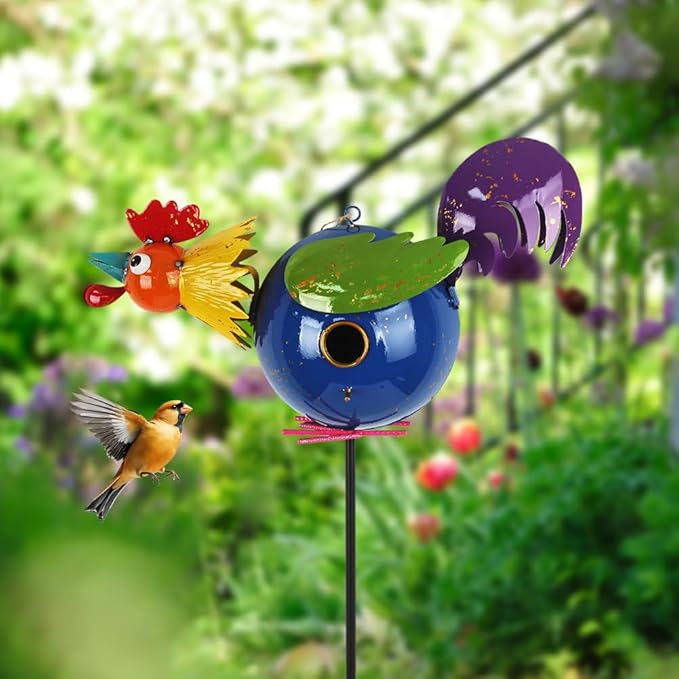 37" Bird Houses for Outside, Outdoor Metal Rooster Birdhouse with Hanging String & Poles for Patio, Yard, Garden