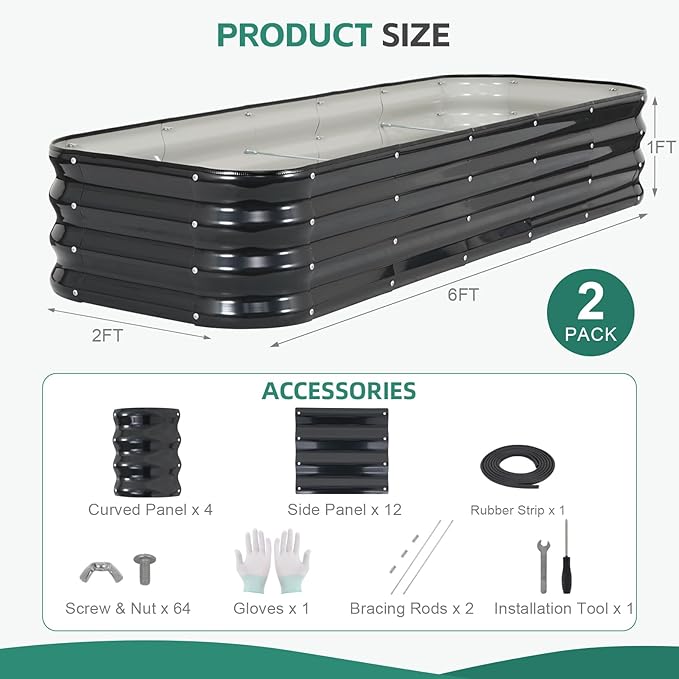 4 in 1 Galvanized Raised Garden Bed - 6x2x1ft (2Packs) Modular Planter Box Outdoor | Metal Raised Bed Kit with Bracing Rods for Gardening Vegetables Flowers Fruits Herbs (Dark Grey)