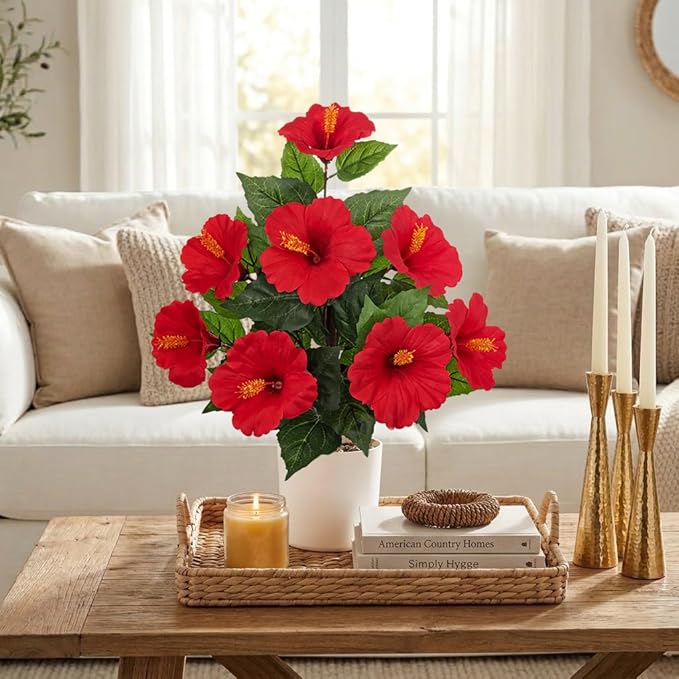 Briful Artificial Hibiscus Potted Plant 20.8” Tall, Realistic Silk Hibiscus Flowers Farmhouse Table Decor, Faux Tropical Flower Plant in Pot for Living Room Table, Entryway, Office, Home Decor, Red