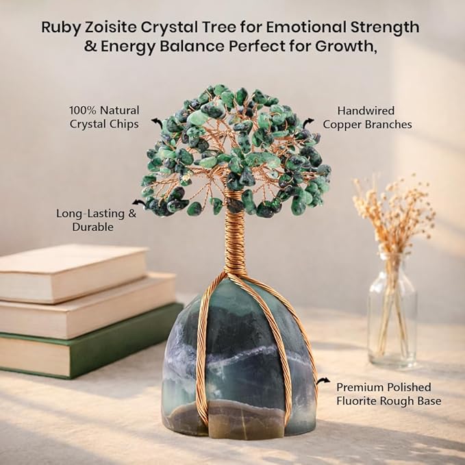 Crocon® Ruby Zoisite Crystals Tree with Fluorite Rough Base, Birthday Gifts for Women & Men, Room Decor, Healing Crystals Spiritual Gift, House Warming Gifts New Home, Birthday Gift - Mom Sister Wife