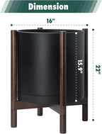 D'vine Dev Planter Pot with Stand - 16 Inch Plastic Cylinder Flower Pot with Wood Planter Holder for Indoor, Matte Black Pot + Walnut Color Stand, 55-C-X-2