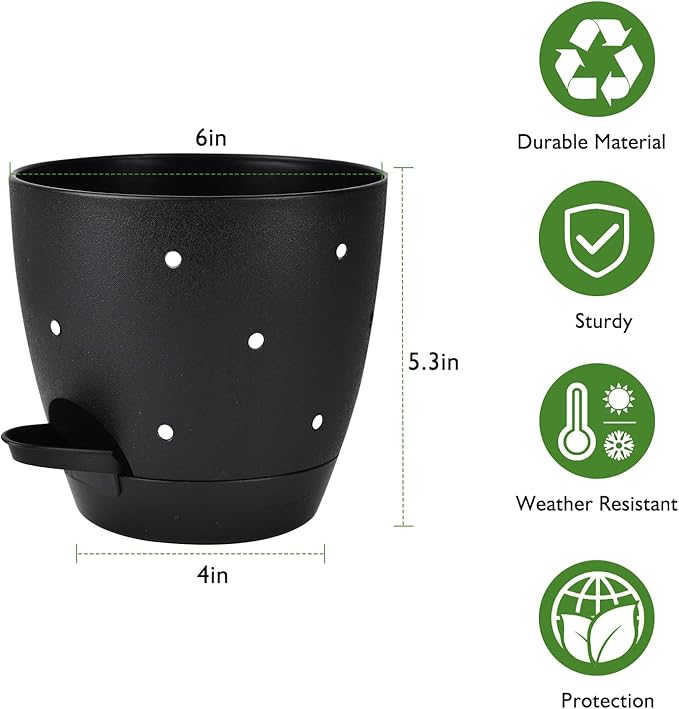 Vanslogreen 6 Inch Orchid Pots with Holes, 2 Pack Self Watering Planters for Orchids Plastic Orchid Pot Plant Flower Pots for Orchids Indoor Outdoor (Black)
