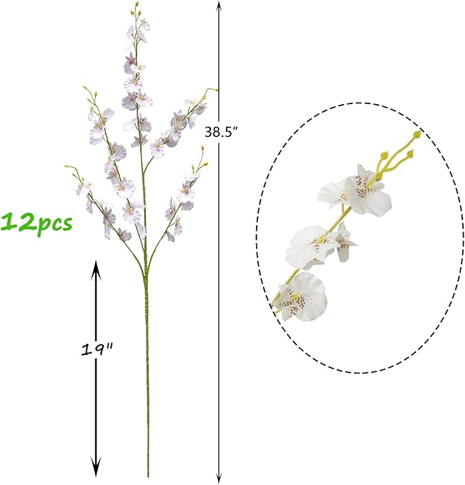 White Silk Flowers in Bulk Wholesale Artificial Orchids, 12 Pcs (Each 38.5”), for Wedding Festive Party Home Office Decoration, No Include Vase