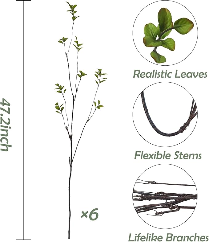 6 Pcs Artificial Ficus Branches Faux Eucalyptus Stems, 47.2 Inch Fake Greenery Stems Artificial Plants for Vase Filler Decoration, Fake Leaves Branches Centerpieces Decor.