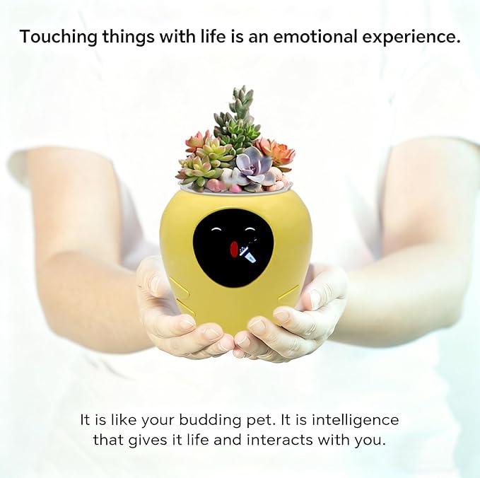 Smart Plant Pot with Expression, AI Intelligent Flower Pot for Indoor Decoration, Smart Garden Pot with Water/Light/Temperature Sensors, Ivy AI Planter (Yellow（Big）)