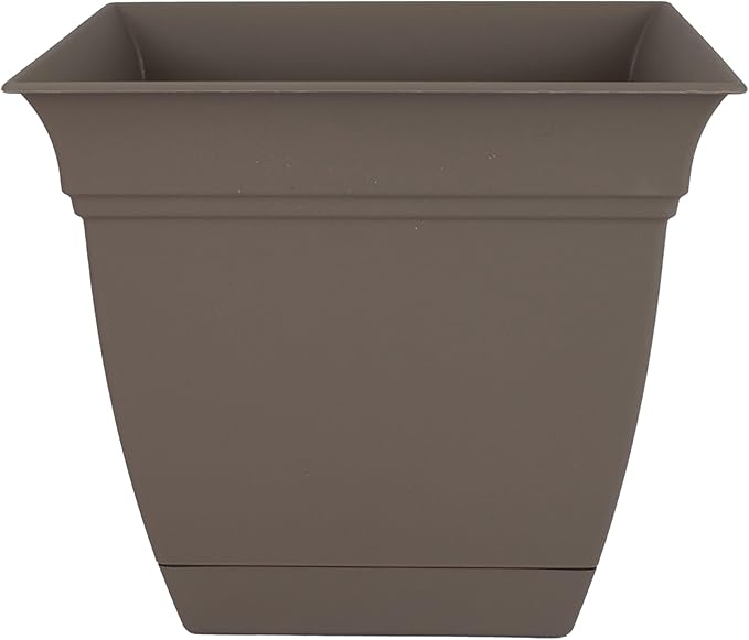 The HC Companies Eclipse Square Plastic Planter w/Attached Saucer - Outdoor & Indoor Plant Pot with Drainage Holes - Lightweight, UV-Resistant Plastic Pots for Plants (10" Cappuccino, Pack of 1)