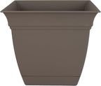 The HC Companies Eclipse Square Plastic Planter w/Attached Saucer - Outdoor & Indoor Plant Pot with Drainage Holes - Lightweight, UV-Resistant Plastic Pots for Plants (10" Cappuccino, Pack of 1)