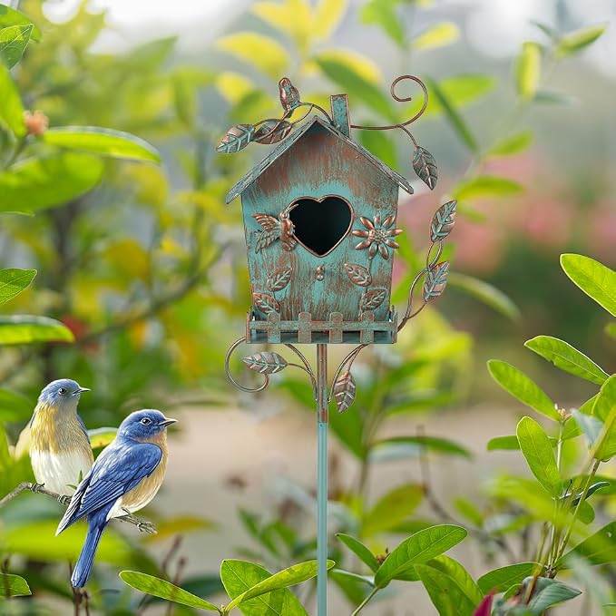 DREAMSOUL 48" Rustic Bird Houses for Outside Metal Bird House Pole, Decorative Green Birdhouse for Patio, Yard, Garden