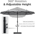DomeShade 15ft Patio Umbrella with Base,Large Outdoor Double-Sided Rectangle Umbrella with Crank Handle, Market Umbrella for Poolside Garden Deck Backyard Beach Pools, Gray