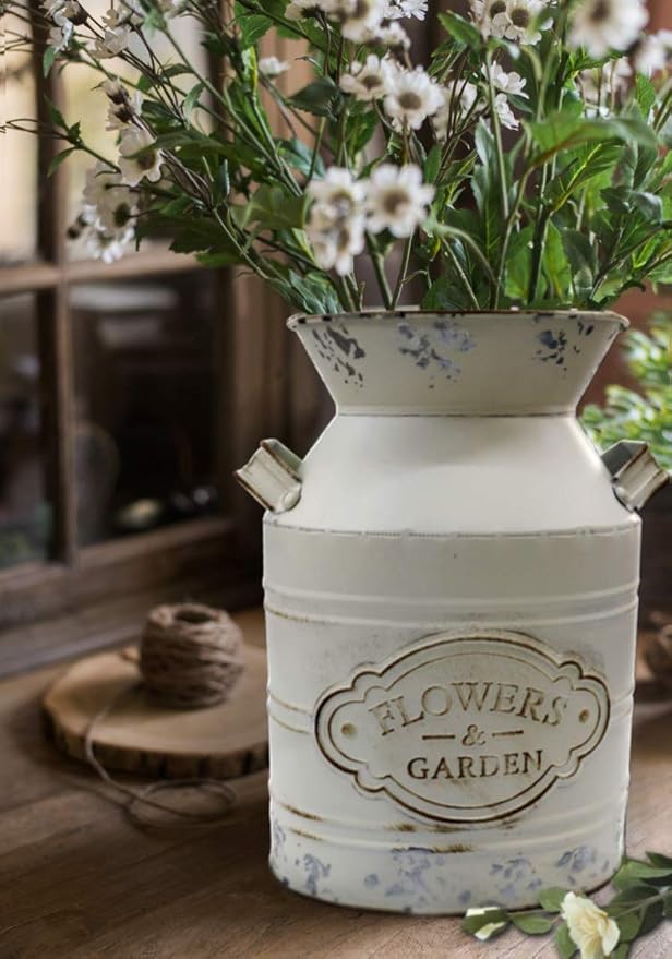 Soyizom Vintage Rustic Farmhouse Galvanized Metal Shabby Chic Flower Vase Watering Can Tin Jug French Style Bucket Pot Pitcher Flower Holder Vase with Handle for Kitchen Garden Decor —Large,9.8" H