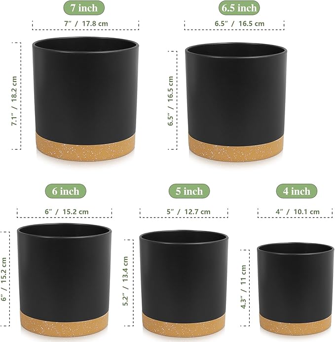 WSMKSZ 5 Pack Cylindrical Flower Pots with 7/6.5/6/5/4 inch, Modern Small Plastic Plant Pots with Drainage Holes & Saucers, Round Planter Pots for Outdoor, Indoor & Office Decor (Black Brown)