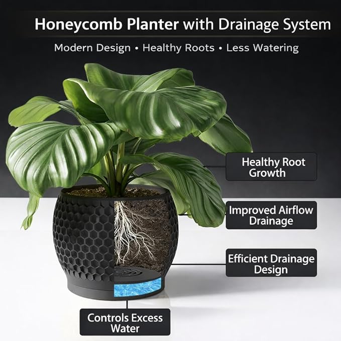 Plant Pots, Modern 3D Printed Honeycomb Planters for Indoor Plants, 4.7/6 Inch Matte Black Decorative Flower Pot for Office Desktop, Bookshelf & Home Decor, Lightweight & Durable.