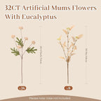 Alupssuc 32PCS Faux Silk Pompon Mums Artificial Flowers with Eucalyptus, Fake Chrysanthemum Floral for DIY Vase Arrangement, Long Stem Dining Table Centerpiece Home Decor, Beige