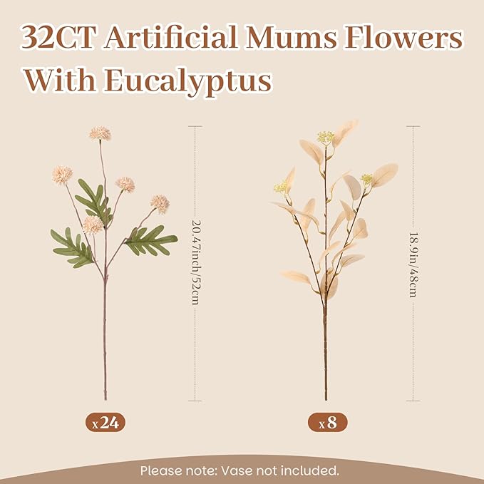Alupssuc 32PCS Faux Silk Pompon Mums Artificial Flowers with Eucalyptus, Fake Chrysanthemum Floral for DIY Vase Arrangement, Long Stem Dining Table Centerpiece Home Decor, Beige