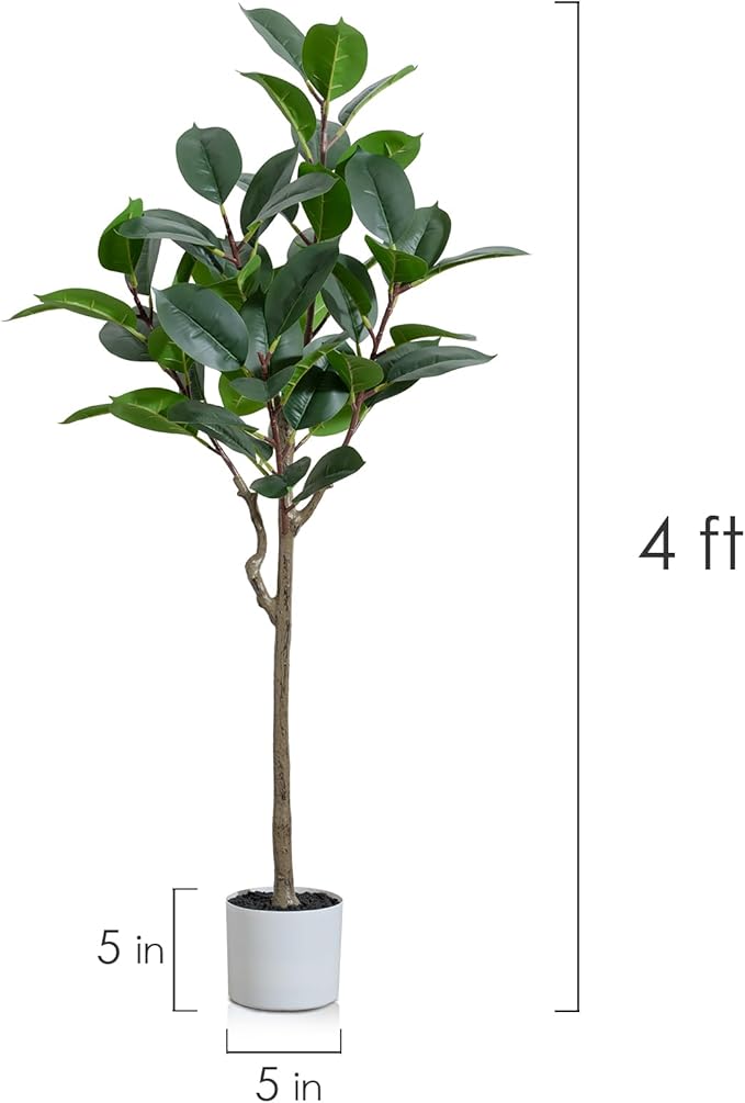 Set of 2 Artificial Rubber Tree 4ft Indoor with Lifelike Leaves and Trunks, Artificial Plants in Pot Ideal for Home Office Decor, Living Room Bedroom Bathroom Corner