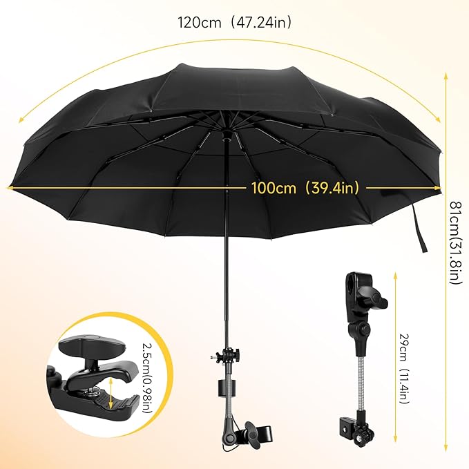 Chair Umbrella with Universal Clamp, Double Canopy Sunshade, Adjustable 360° Swivel, UPF 50+ UV Protection, Clip On Umbrella for Beach Chair, Camping Chair Patio, Stroller, Wheelchair Golf Cart 100cm/39.4in