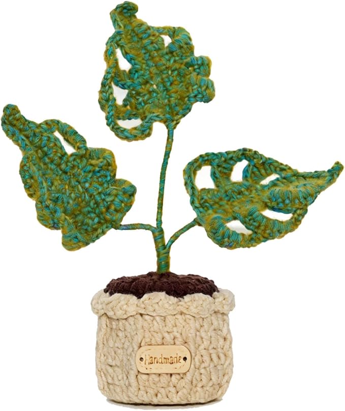 Handmade Crochet Monstera Plant in Pot, Tiny Potted Artificial Plant, Cute Mini Bonsai, Realistic Cotton Yarn Plant, Desk Decor, Gift Idea (2.4 x 2.4 x 5.9 inches)