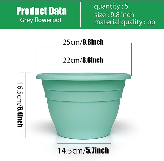 5 Pack 10 Inch Plant Pots for Indoor Outdoor,Plastic Floor Planters with Drainage Holes,Lightweight Flower Pots for Home,Patio & Garden(Blue)