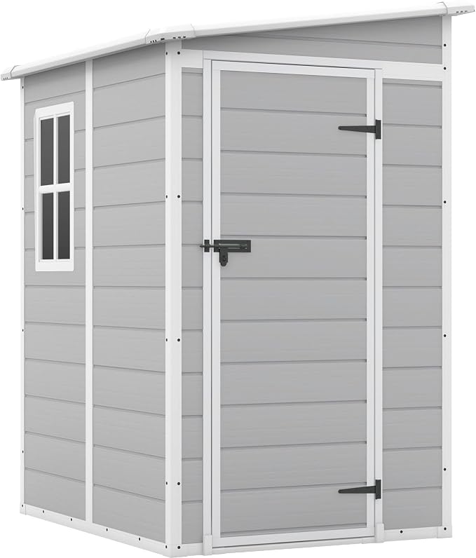 Patiowell 5x4 FT Outdoor Storage Shed with Floor, Resin Outside Storage Shed with Floor & Lockable & Window Door for Patio Furniture, Garden Tools and Bicycle, Light Gray