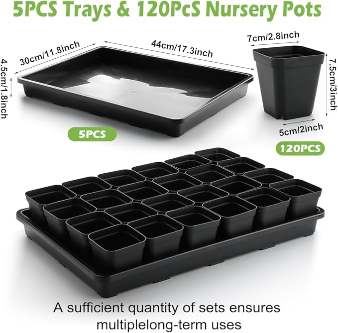 RooTrimmer 2.8 inch (7CM) Square Nursery Pots 120pcs with 5 Pack Seed Starter Trays, Durable Plastic Flat Seedling Tray (17"x11"x2") for Carrying and Holding Plant Nursery Pot (Black)
