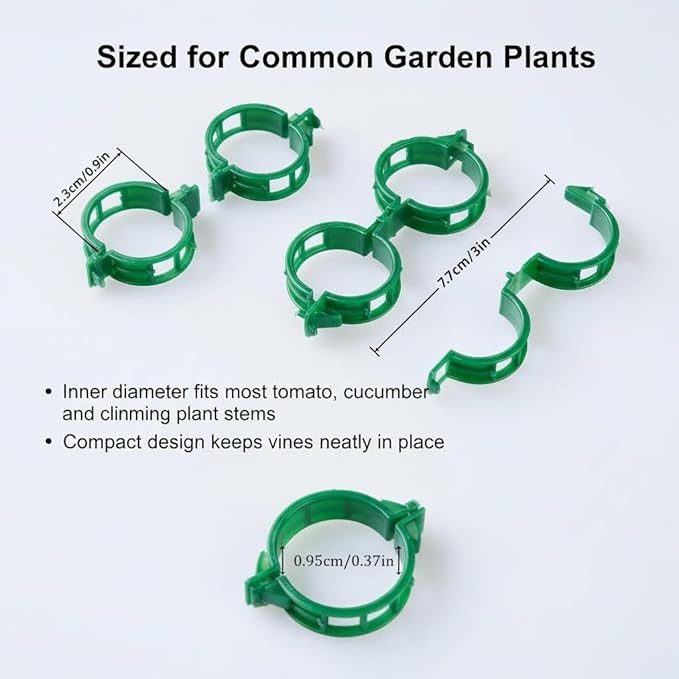 100Pcs Plant Support Clips - Plastic Stem Clips for Climbing Plants, Tomato Vines, Grape Vegetables, Secure & Reusable Garden Clips (Green)