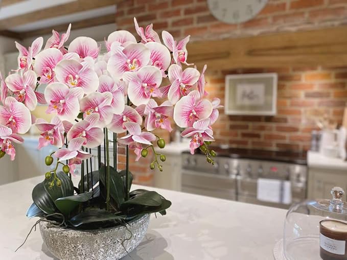 DILATATA 31.5" Faux Orchid Real Touch Signal Stem Phalaenopsis Orchid Spray with 9 Large Flowers for Home Arrangement, Artificial Flowers for Home Decor, Office House Decoration- Pink Orchid 2 Pcs