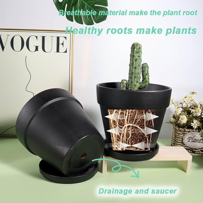 vensovo 6 Inch Black Terracotta & Clay Pots for Plant with Saucer - 4 Pack Medium Terra Cotta Planter with Drainage Hole, Flowerpot for Indoor Outdoor Plants, Crafts, Wedding Favor
