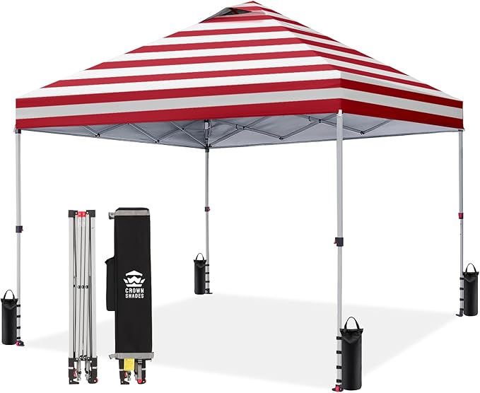 CROWN SHADES 10x10 Pop Up Canopy - Beach Tent with One Push Setup - Easy Outdoor Sun Shade for Events, Parties, Camping - Gazebo with STO-N-Go Cover Bag, Silver Coated Top, Red Strips