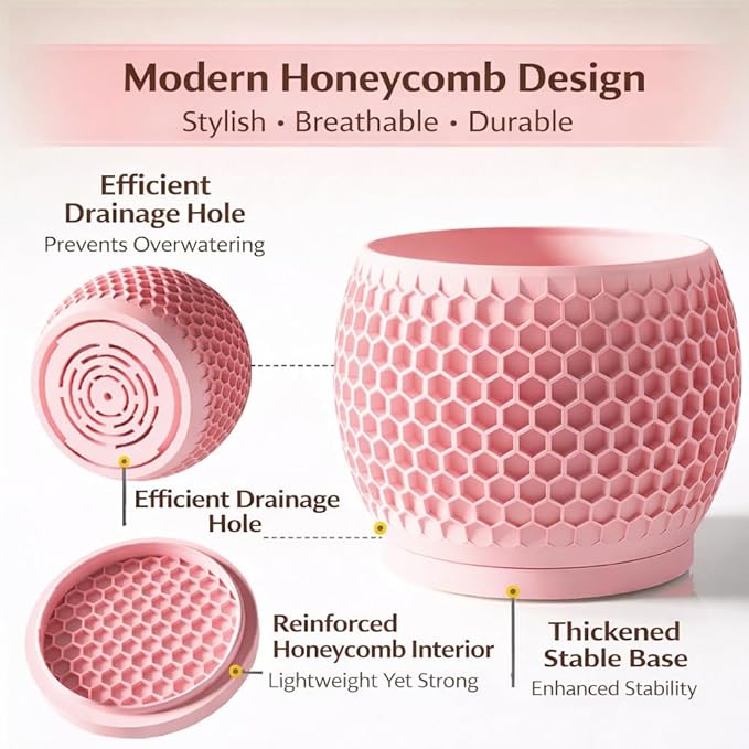 Plant Pots, Modern 3D Printed Honeycomb Planters for Indoor Plants, 4.7 Inch Cherry Pink Decorative Flower Pot for Office Desktop, Bookshelf & Home Decor, Lightweight & Durable.