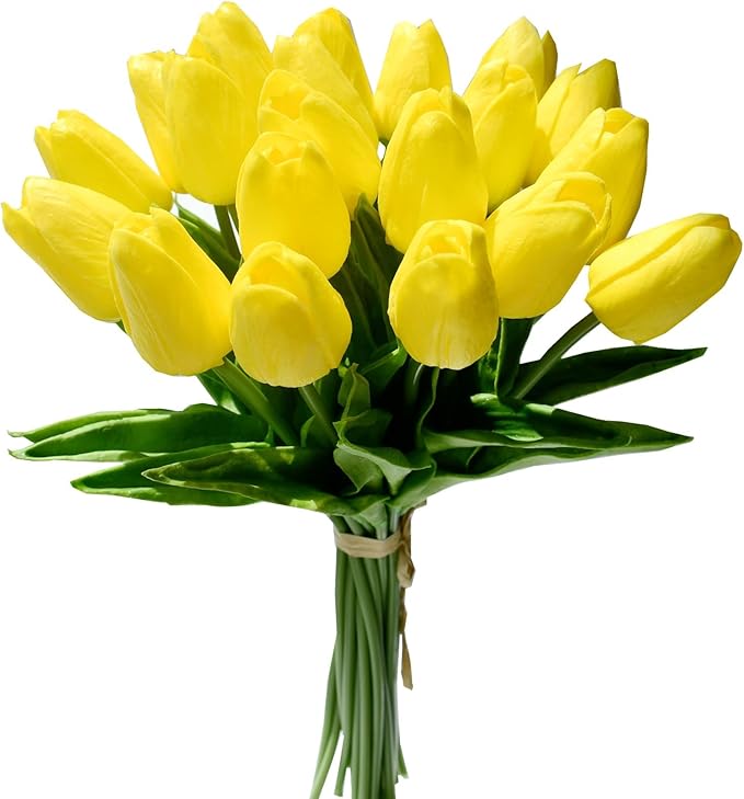 Mandy's Yellow Artificial Tulips Flowers Centerpiece, 13.5" Lifelike PU Fake Floral Stems 20pcs for Kitchen Island & Dining Table, Spring Decor for Easter