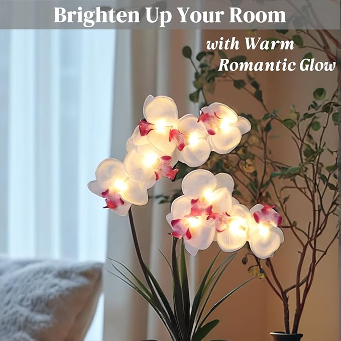 HOMESEASONS Orchid Lamp-LED Lighted Orchid Arrangements,Pre Lit Artificial Orchid,Light Up Flower Lights, Faux Orchid Phalaenopsis Arrangement (White)