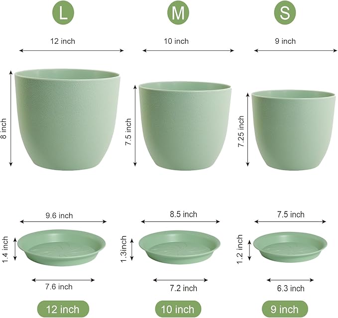 UOUZ 12/10/9 Large Modern Plant Pots, Plastic Planters with Drainage Holes and Saucers for Indoor Outdoor Plants Flowers, Green