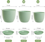 UOUZ 12/10/9 Large Modern Plant Pots, Plastic Planters with Drainage Holes and Saucers for Indoor Outdoor Plants Flowers, Green