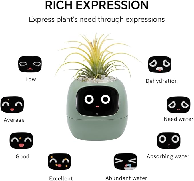 Smart Plant Pot with Expression, AI Intelligent Flower Pot for Indoor Decoration, Smart Garden Pot with Water/Light/Temperature Sensors, Ivy AI Planter(Green)