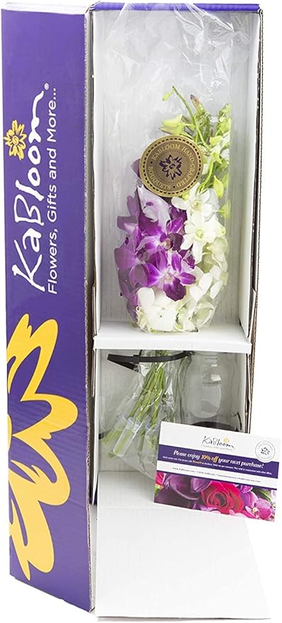KaBloom - 5 Purple and 5 White Orchid with Vase - Fresh Flowers for Birthday, Valentine's & Mother's Day