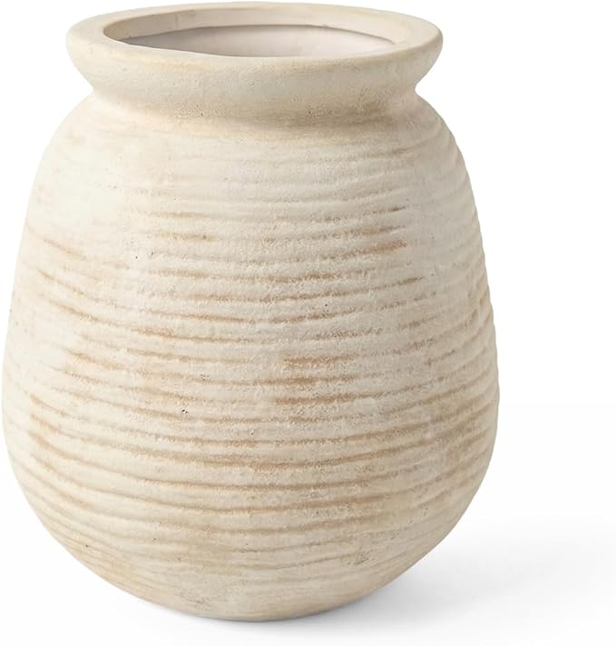 Rustic Terracotta Pot, 7 Inch Short Farmhouse Vase with Weathered Texture Off-White, Boho Home Decor for Pampas Grass, Tabletop, Mantel and Shelf Styling
