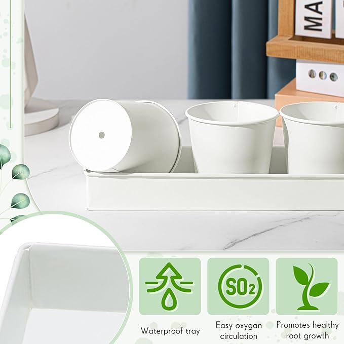 FoldTier 2 Sets Herb Garden Planter Indoor Kit with Trey 10 Pcs Metal Windowsill Plant Pots with Drainage Holes Indoor Herb Planter with Marker and Labels for Home Outdoor Plants(White)